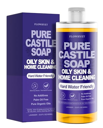 FLOWHYET 960 ml Organic Castile Soap, Hard Water Friendly Liquid Organic Hand Soap For Oily Skin, Pure For Hand, Body Wash, Laundry, Dishes, Home Cleaning - Lavender 32 floz