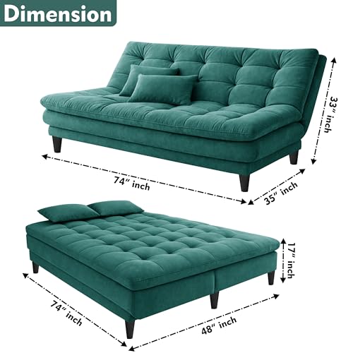Image of Modern 3 Seater Sofa Cum Bed | Tufted Backrest | Velevt Fabric Upholstery | Living Room Furniture-Green