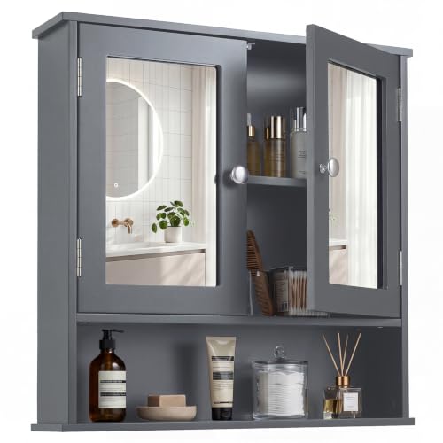 Image of COSTWAY Bathroom Mirror Cabinet, Double Door Wall Mounted Storage Cupboard with Adjustable Shelf and Compartment, Home Kitchen Living Room Display Organiser Unit (Gray)