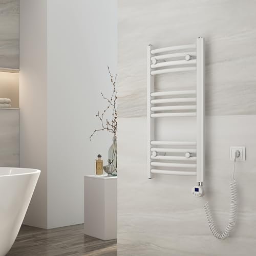 EMKE Badheizkörper Elektrisch 75x40 cm, Gebogen Handtuchheizkörper Elektrisch mit Thermostat, Handtuchtrockner Handtuchwärmer mit Timer Weiß 250 Watt