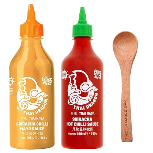 Sriracha Sauce Bundle Original Mayo, Hot Chilli Sauce 455ml x2, Wooden Spoon