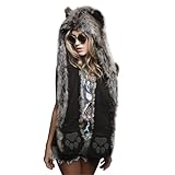 Cuddly Wolf Women's 3 in 1 Faux Fur Warm Hat with Bear Ears, Paw Prints Mittens and Pocket Furry Hoodie Animal Headwear for Halloween Cosplay Costumes