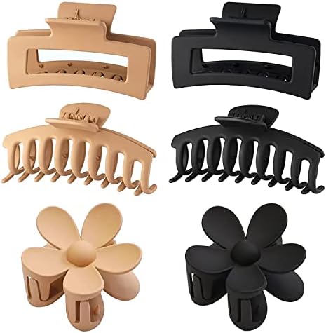 6 Pack Large Hair Claw Clips for Thick Thin Hair, 3 Styles Hair Claw Clips for Women Girls, 2 Flower Hair Clips and 2 Square Claw Hair Clips with 2 Banana Hair Clips, Non-slip Stylish Matte Hair Claws