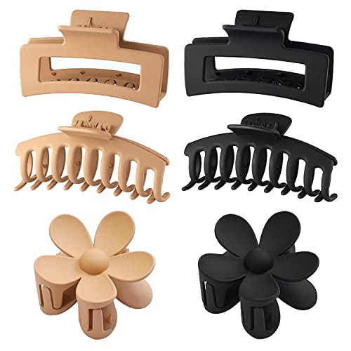 6 Pack Large Hair Claw Clips For Thick Thin Hair, 3 Styles Hair Claw Clips For Women Girls, 2 Flower Hair Clips And 2 Square Claw Hair Clips With 2 Banana Hair Clips, Non-Slip Stylish Matte Hair Claws #TOP1