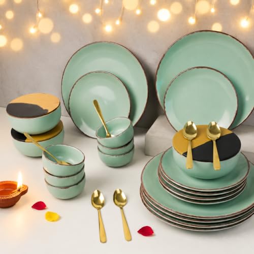The Earth Store Handcrafted Mint Marble Ceramic Dinner Set with Lids & Spoons, 30 Pieces Serving for 6 | Microwave & Dishwasher Safe | Bone-Ash Free Crockery Set for Dining & Gifting