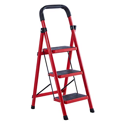 Escabeau De Main Courante Stable à La Maison, échelle De Fer à 3 étapes - Rouge/Blanc - Tabouret Multifonctionnel pour Bureau, Hôtel - Entrepôt échelle Antidérapante(Size:38 * 57 * 105CM,Color:Rouge) Cover