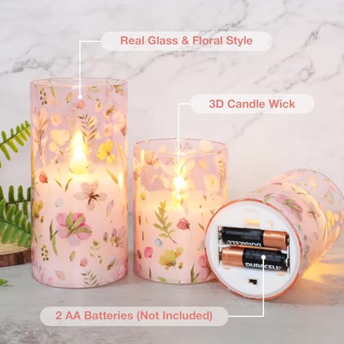 Image of Crystal Club Flameless LED Candles with Remote Timer, Pink Floral Glass Battery Operated Candles, 3 Pack Realistic Flickering Pillar Candles for Wedding Home Centerpiece Decoration