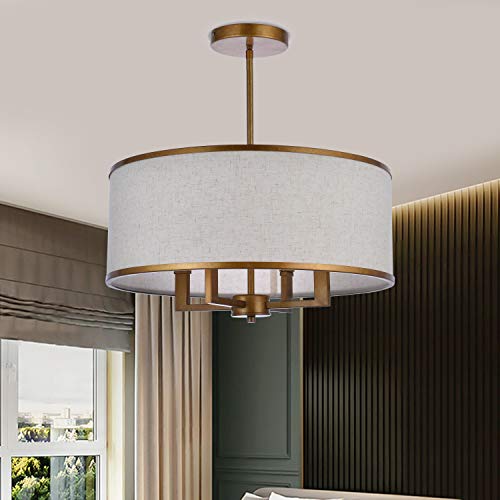 A1A9 Classic 4-Light Drum Pendant Light Fixture, 20'' Harvest Linen Fabric Shade, Vertical Rod Semi Flush Mount Ceiling Lights, Antique Gold Chandelier For Foyer Entryway Hallway Dining Room #TOP2