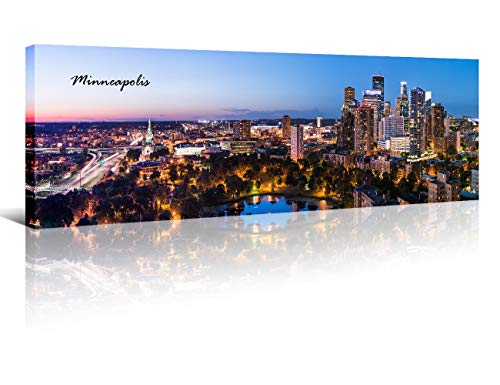 Minneapolis Skyline Wall Art for Living Room Cityscape Canvas Modern Home Decor Panorama Pictures City Building House Decorations Skyscraper Artwork Night View Posters and Prints 12x46 Inch 1 Panel