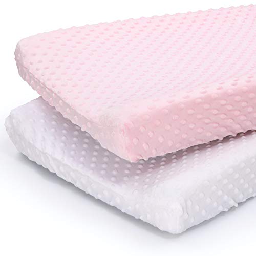 The Peanutshell Baby Girl Changing Pad Covers Set of 2 – Ultra Soft Baby Cover – Fits Standard Changing Table Pads, Durable, Machine Washable Sheets – Pink & White Minky