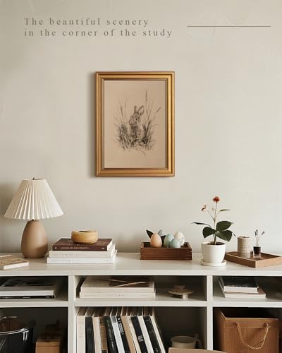 Image of VIYYIEA Vintage Gold Framed Wall Art for Living Room, Easter Canvas Prints Home Decor, Sketch Painting Picture, Bedroom Wall Decor Gifts for Friends or Family -【The Hidden Hare】-(16L x 12W)