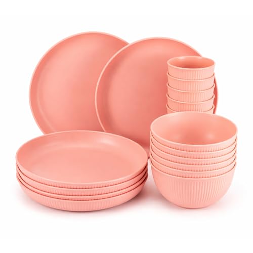 Image of GREENSAPPIRE 18Pcs Plates and Bowls Set Camping Plates Unbreakable Dinner Set for 6 -Platess and Bowls Set for Home Picnic Lightweight Microwave Dishwasher(Pink)