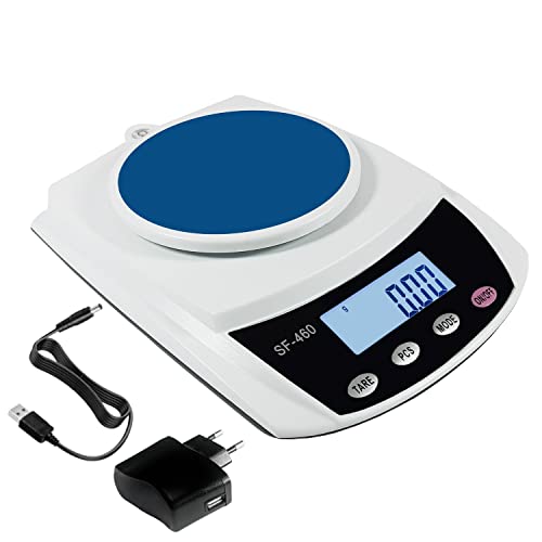 Eosphorus Báscula de pesaje digital LCD analítica 600gx0,01g para laboratorio científico báscula de cocina de alimentos equilibrio preciso para pesar gramos, onzas, quilates, cargador USB y adaptador Cover