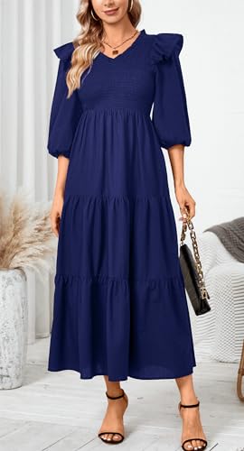 Image of Women Casual Lantern Sleeve Ruffle V Neck Fall Dress Boho Flowy Maxi Dresses Tiered Cocktail Long Dress