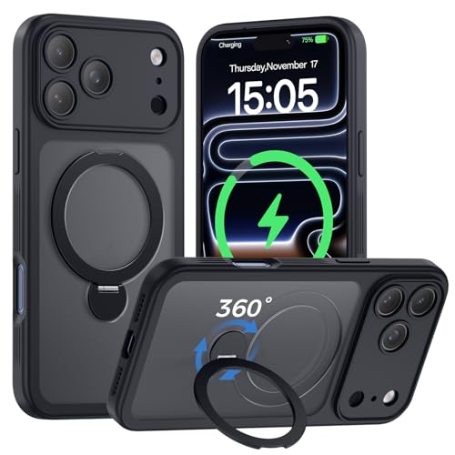 Loyal Bee for iPhone 17 Pro Max Case [ 360° Spin Magnetic Stand] [Full Camera Protection] Compatible with Magsafe, 15FT Military-Grade Protection, Translucent Matte Anti-Slip Phone Case 6.9'', Black by Loyal Bee - Used condition - US$14.98