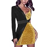 Minetom Kleider Damen Spleißen Glitzer Minikleider Elegant Rückenfreies Bodycon Kleid Schulterfrei Partykleider Blazer Kleid Gold 46