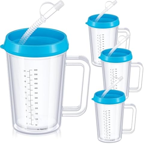 Kritkin 4 Pcs 20 oz Hospital Water Cup with Straw and Lid Insulated Double Walled Water Bottle Hospital Mug with Handle Graduated Plastic Water Carafe Elderly Drinking Cup with Straw, Blue Cover