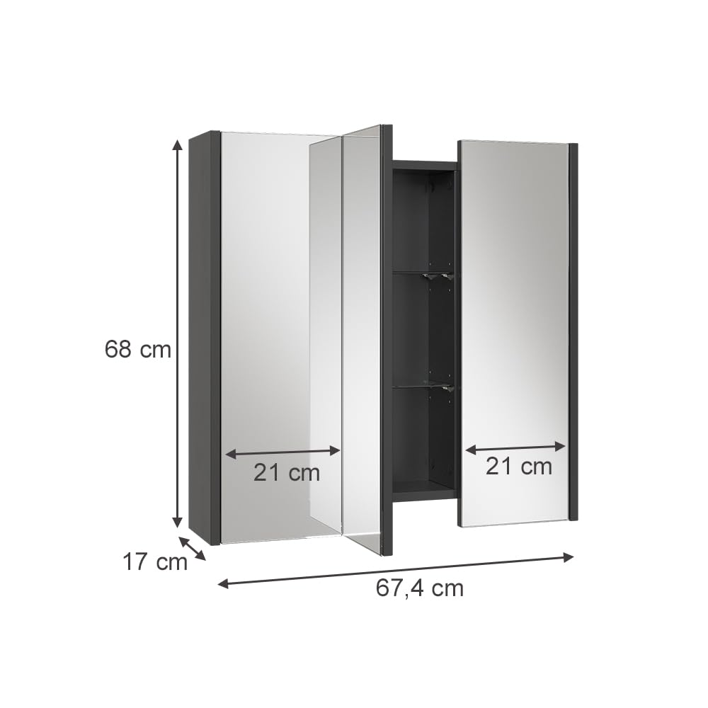 Vicco Specchio contenitore bagno Majest, Antracite, 67.4 x 68 cm con 3 porte a specchio, adatto per montaggio a parete e combinabile con la serie Majest