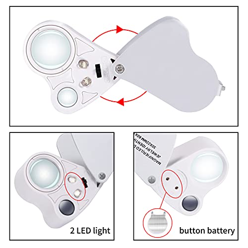 Image of Jiusion 2 Pack Silver Portable Lighted LED Illuminated Jewelry Magnifier 30X 60X Wearable Handheld Dual Lens Eye Loupe Magnifying Glasses Micro Microscope with Keychain and Lanyard