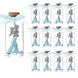 12 Piece Angel Charm Wishing Jar Glass Bottle Favor for Baptism, First Communion, Baby Shower, Christening Guest Gift with Paper Scroll, Ribbon Decoration Vials with Cork Stopper (Blue)