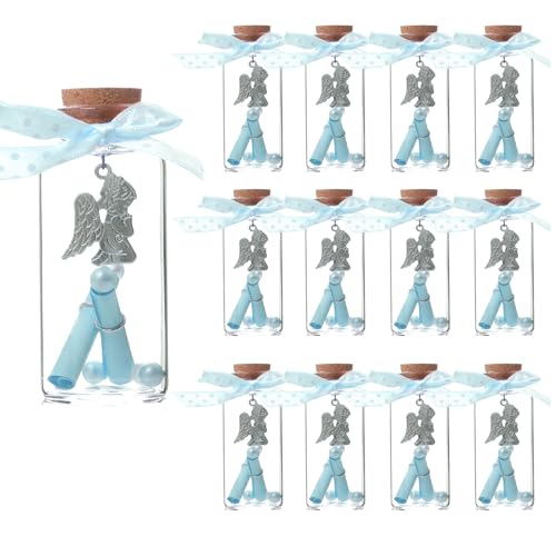 12 Piece Angel Charm Wishing Jar Glass Bottle Favor for Baptism, First Communion, Baby Shower, Christening Guest Gift with Paper Scroll, Ribbon Decoration Vials with Cork Stopper (Blue)
