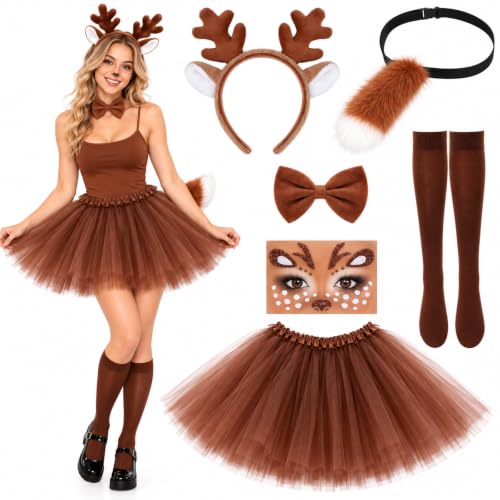 Matiniy 6 Pcs Deer Costume for Women Reindeer Costume Adult Deer Antlers Headband Deer Tail Tutu Skirt Socks Tie for Adult Halloween Christmas Mardi Gras Party Accessories