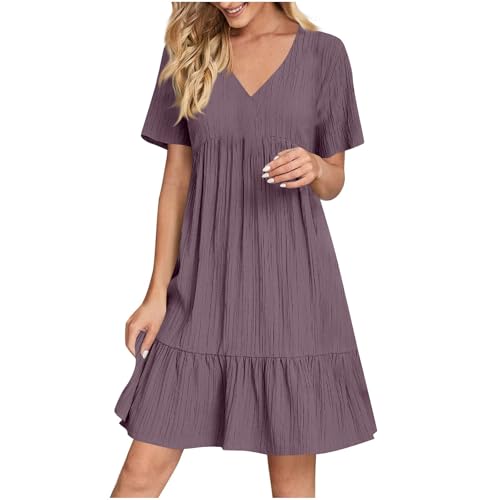 KOG Sommerkleider Damen Sommerkleid 2026 Blusenkleider Einfarbige Sommer Strandkleider Tunika Frau Boho Kleid Kleider Baumwolle Brautjungfernkleider Lila XL
