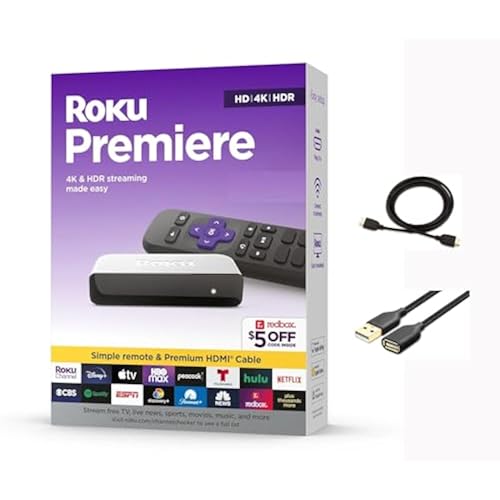 Roku 3920RW-SW Premiere - 4K/HDR Streaming Media Player, Enabled with Premium High Speed HDMI Cable & Simple Remote, Wi-Fi, with HDMI Cable and USB Extension Cord