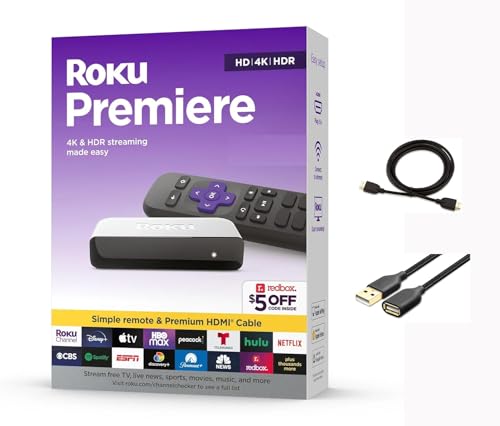 Roku 3920RW-SW Premiere - 4K/HDR Streaming Media Player, Enabled with Premium High Speed HDMI Cable & Simple Remote, Wi-Fi, with HDMI Cable and USB Extension Cord by Roku - Used condition - US$36.40