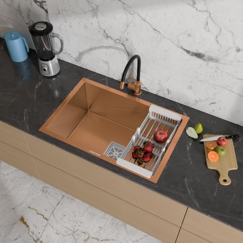 Image of HARDSTONE Premium Kitchen Sink | Single Bowl 24x18x9 Inch | Handmade Heavy Duty Stainless Steel Wash Basin with Matte Rose Gold Finish | Includes Waste Hose Pipe, Coupling & Drying Rack | Rose Gold