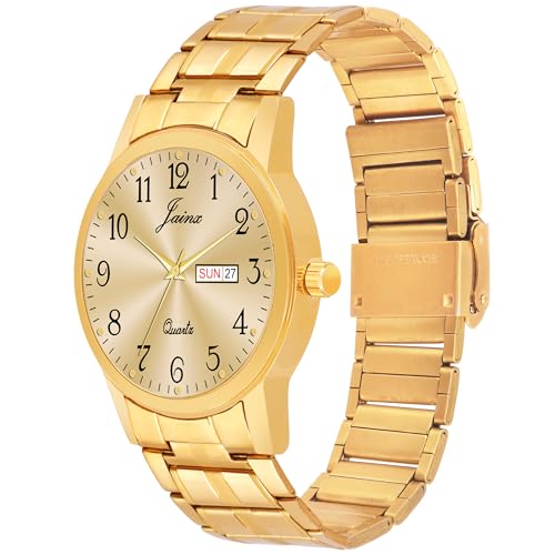 Image of jainx Metal Premium Golden Chain Day and Date Feature Analog Wrist Watch for Men (Black /Golden Color Dial)