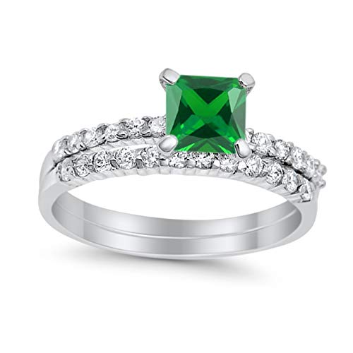 Blue Apple Co. Simulated Green Emerald CZ Size-8 Wedding Engagement Ring Band Bridal Set Princess Cut Round Simulated Cubic Zirconia 925 Sterling Silver