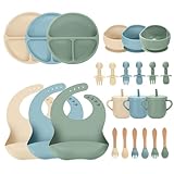 JELLDJK 24 PCS Silicone Baby Feeding Set, Baby Led Weaning Supplies Includes Suction Bowls and Divided Plates, Adjustable Silicone Bib, Spoons&forks, Training cup with straw (Green+Blue+Beige)