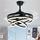 KJYFCT Retractable Ceiling Fan, 42 Inch Chandelier Ceiling Fans with Light, Modern Fandelier Ceiling Fan for Bedroom Living Room Dinning Room, Reverse Motor, 3 Color Temperature, 6 Wind Speed-Black