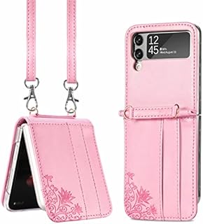 Daole Leather Crossbody Phone Case for Samsung Galaxy Z Flip 3 Flower Pink, Fashion Wallet Type PU Leather Folding Cover for Samsung Galaxy Z Flip 3 Case with Card Holder & Detachable Lanyard Women