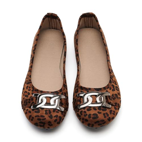 Women's Ballet Flats Dress Shoes for Women, Women Classic Round Toe Slip On Flat Walking Shoes, Women Casual Comfortable Soft Knit Black Leopard Flats Shoes 5