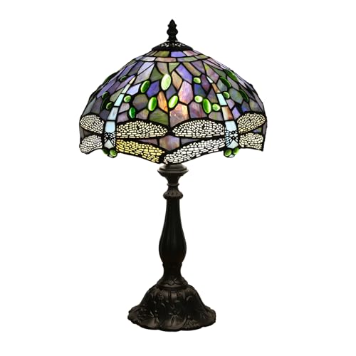 FUMAT Tiffany Table Lamp Blue Dragonfly Stained Glass Table Lamps for Bedroom 12X12X19Inch 3 Way Color Temperatures Bedside Nightstand Home Office Desk Lamp Reading Lights with E26 LED Bulb