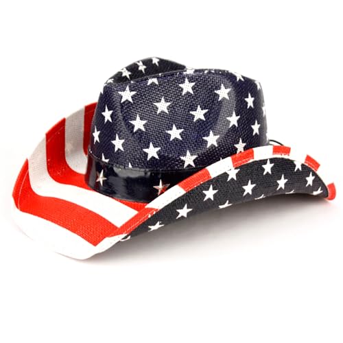 Angela & William USA American Flag Straw Cowboy Hat w/Shapeable Brim, Red, White, Navy Blue