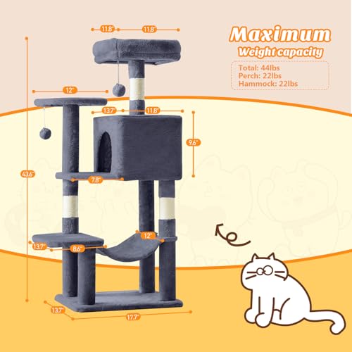 Image of Sweetcrispy 44 Inch Cat Tree Tower, Cat Climbing Tower with Natural Sisal Scratching Posts, Hammock, Pet Condo for Indoor Cats and Kittens Play, Dark Grey