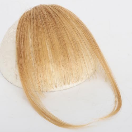QingChang Clip on/Clip in Real Human Hair Wispy Fake Bangs for Women Honey Blonde Subtle Red Undertones (#27), Lightweight