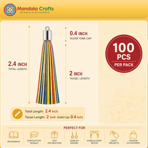 Image of Mandala Crafts Small Silver Tone Cap Multicolor Bookmark Tassels with Loops