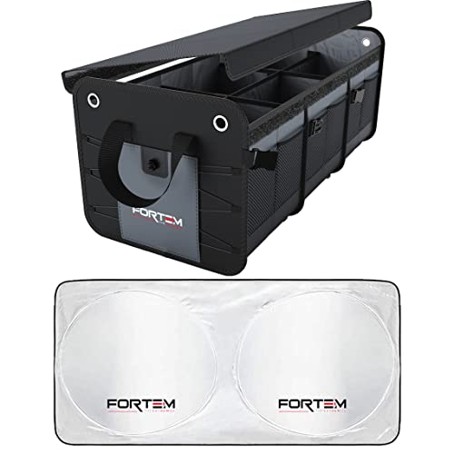 Fortem Car Trunk Organizer (3 Compartment, Grey) + Large Windshield Sun Shade #TOP21