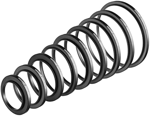 NEEWER 9PCS Camera Lens Step Up Filter Adapter Rings, 37-49, 49-52, 52-55, 55-58, 58-62, 62-67, 67-72, 72-77, 77-82mm Metal Step Up Rings Kit with Anodized Aluminum Threaded Black Frame