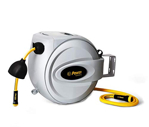 Power Products USA Retractable Hose Reel 75 ft + 6 ft x 1/2” - Brass Fittings, Super Heavy Duty, 3 Layer Hybrid Hose, Slow Return System, Patented Nozzle Protector - Wall Mounted Water Hose Reel, Gray