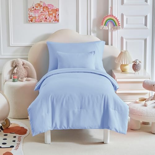 Image of Kids Comforter Sheet Set - Soft and Breathable Bed Set Includes Quilted Comforter, Fitted Sheet, Flat Top Sheet, Pillowcase and Toddler Pillowcase for Toddler - 5 Pieces Toddler Bedding Light Blue