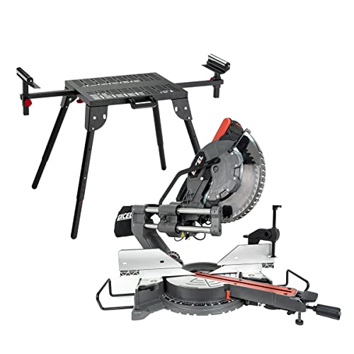 Excel 12" 305mm Sliding Mitre Saw Double Bevel 1800W/240V ~ 50Hz & Laser with Universal Stand - Variable Speed 5000RPM - Compound Cut 235 x 60mm - Blade - clamp - Dust Bag