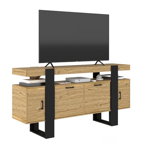 Songvas Meuble TV 140cm - Meuble Télé Style Industriel, Meuble Rangement avec 2 Tiroirs & 2 Portes, avec lumières LED, Meuble TV Noir et Bois, Adaptable à...