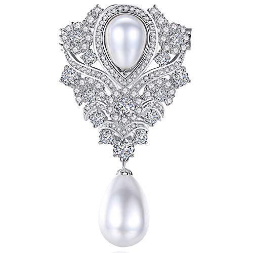 Onefeart Weißes Gold überzogen Brosche für Damen Mädchen Oval Perle Blume Form Perle Modell Temperament Stil 48x28MM Weißes Gold Cover