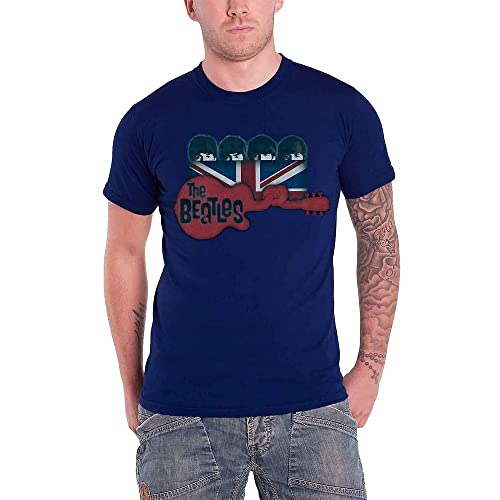 Image of The Beatles Men's Guitar and Flag Short Sleeve T-Shirt, Blue (Navy), Large