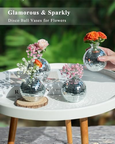 Image of Disco Ball Vase for Centerpieces Disco Ball Planter for Flowers Silver Mirror Glass Disco Ball Decor for Table, Party, Wedding, Birthday, Home, or Bedroom(3.5 inch X 4 inch)